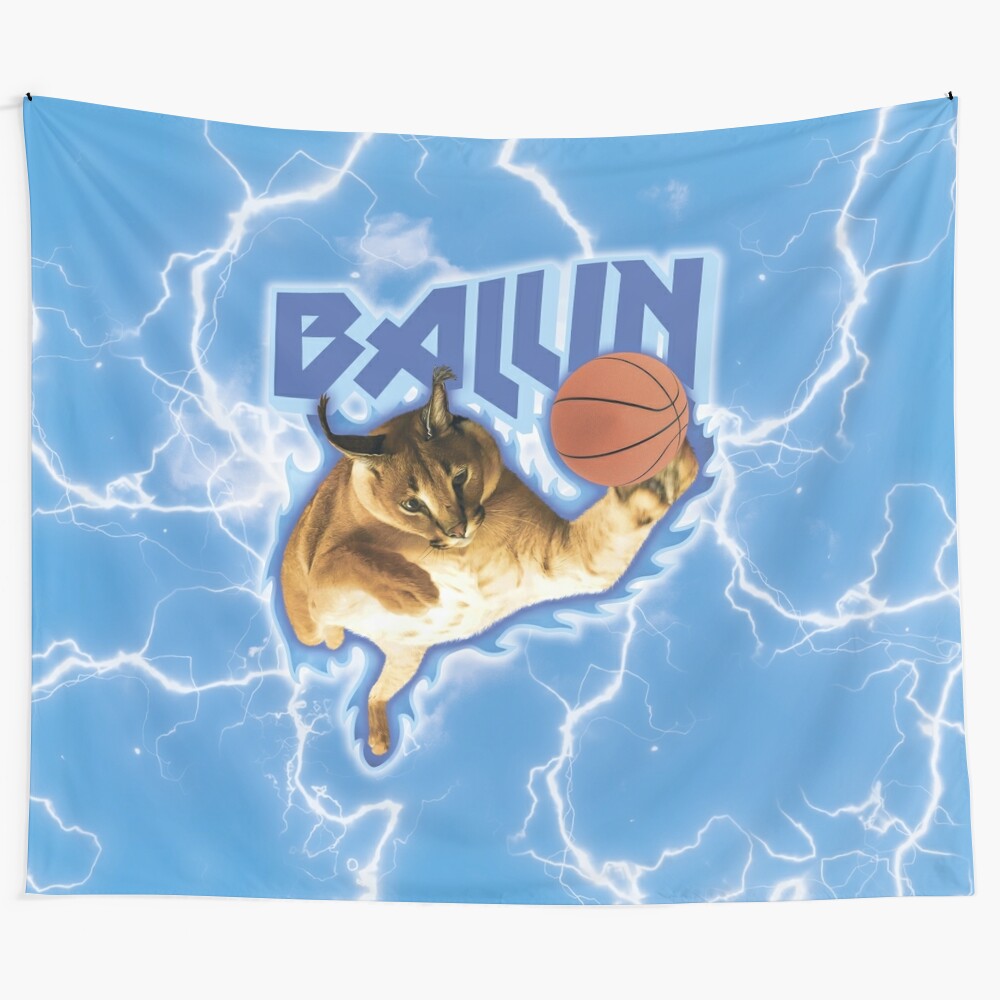 Vintage style tapestry featuring the big floppa caracal character playing basketball