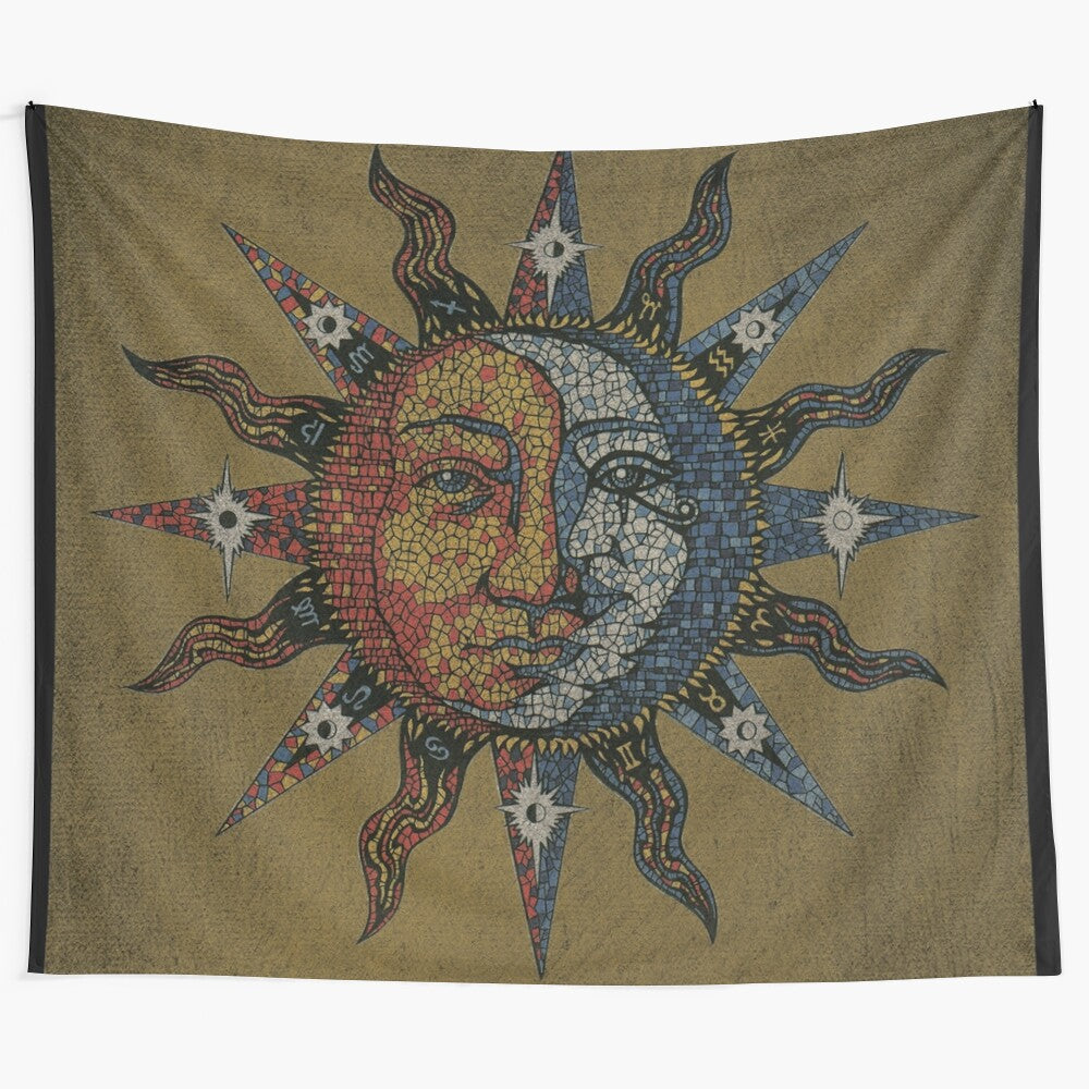 Vintage celestial mosaic sun and moon tapestry wall hanging