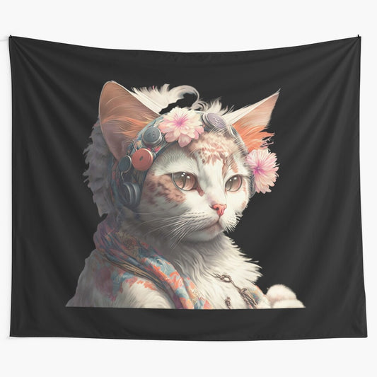 Colorful hippie-inspired tapestry featuring a cool cat wearing sunglasses