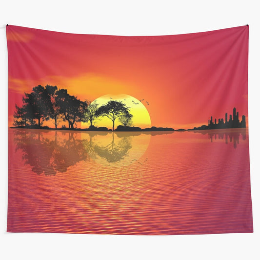 Artistic guitar sunset tapestry with nature landscape and trees