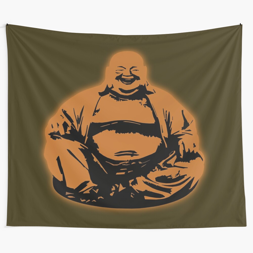 Happy Buddha tapestry wall hanging with glowing halo