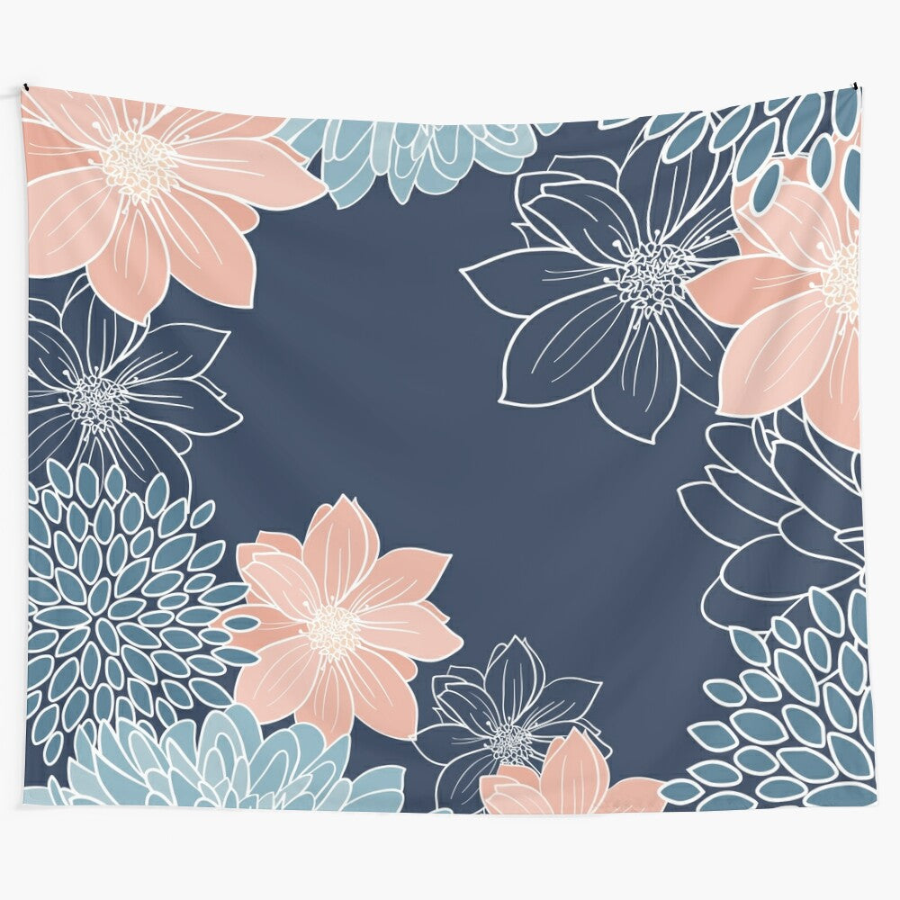 Colorful floral and line art tapestry in navy, coral, and teal