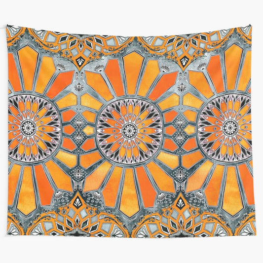 Tangerine orange watercolor abstract design on grey tapestry