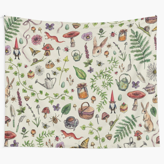 Cottagecore green tapestry with mushrooms, rabbits, and other natural elements