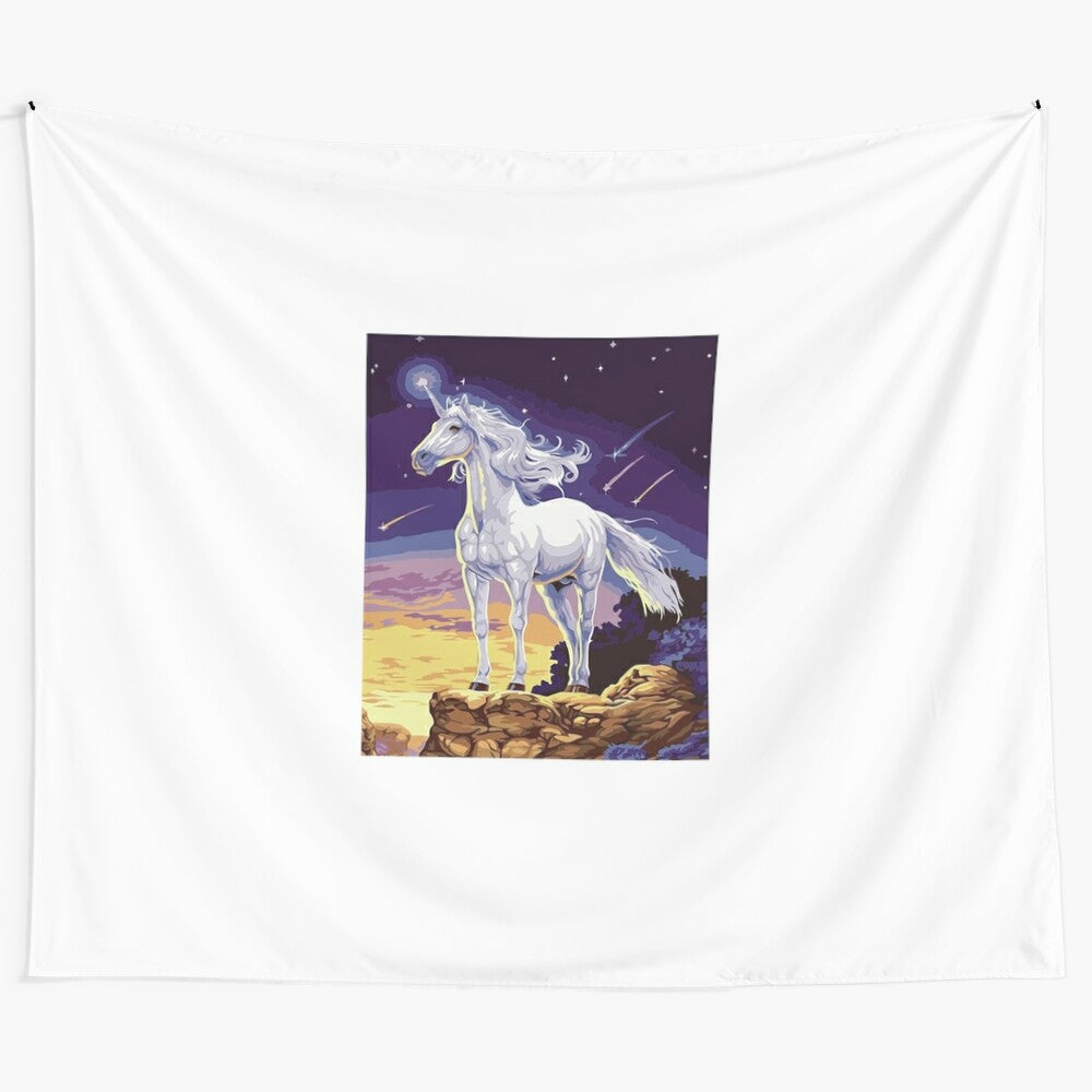 White magical unicorn against a midnight blue starry night sky on a tapestry wall hanging