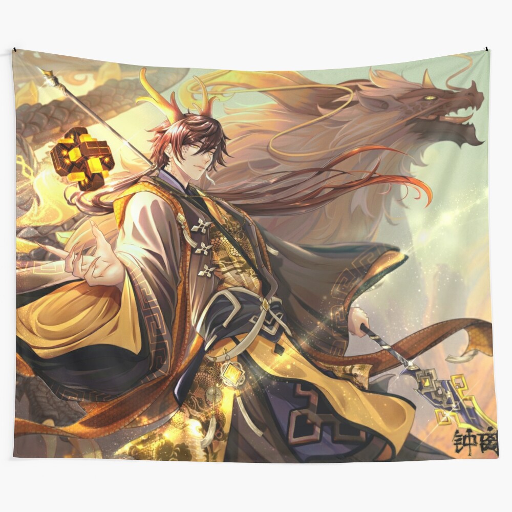 Zhongli (Genshin Impact) inspired tapestry featuring the Geo Archon in a fantasy style