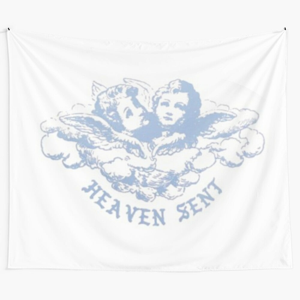 Heavenly tapestry with angel wings and baby blue hues