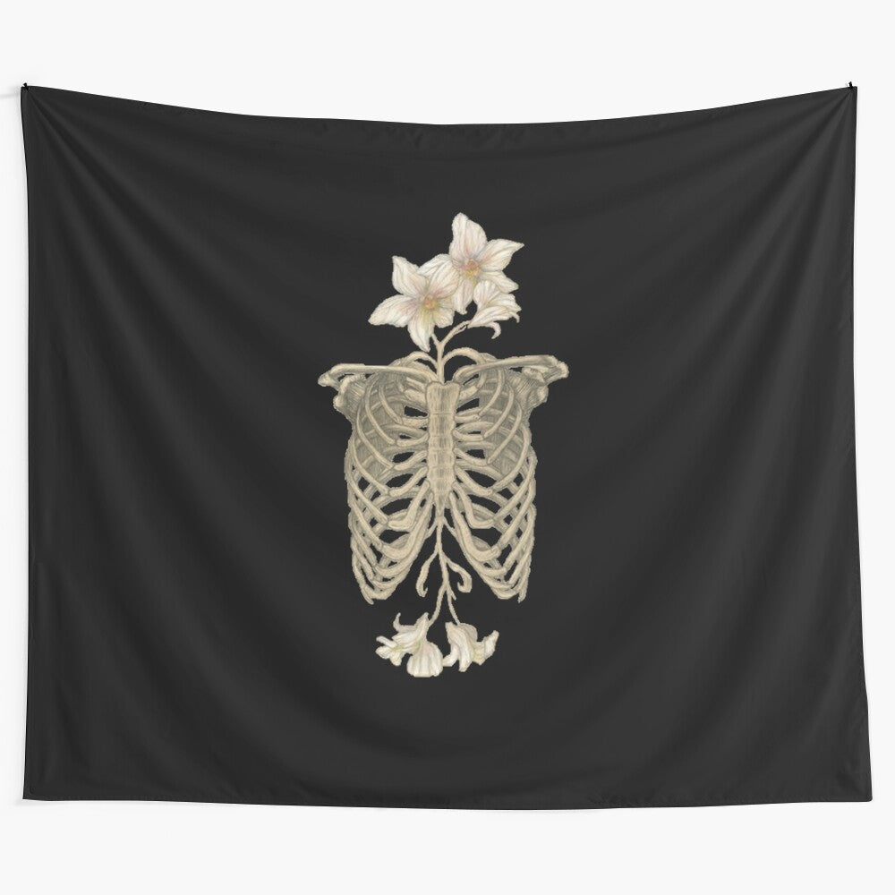 Bones and Botany Tapestry featuring a detailed skeleton and various botanical elements