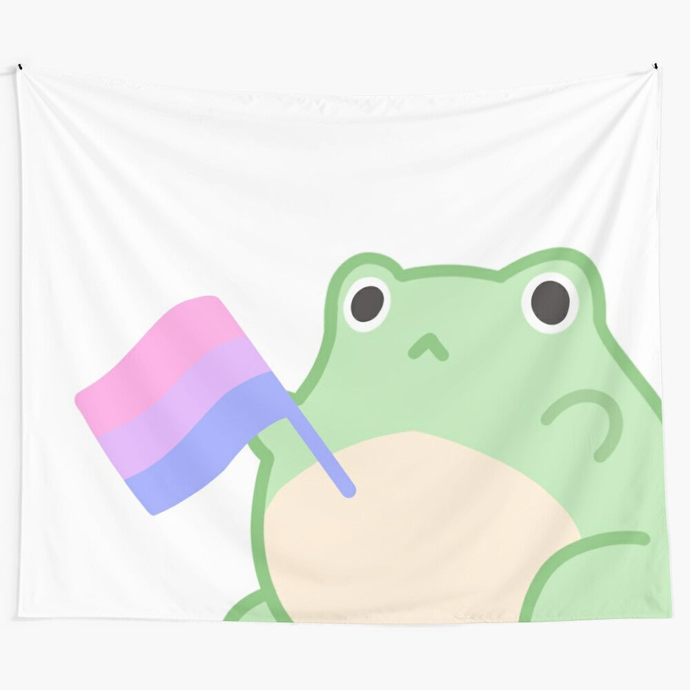 Vibrant bisexual pride frog tapestry with pastel colors and a cute, squishy frog design