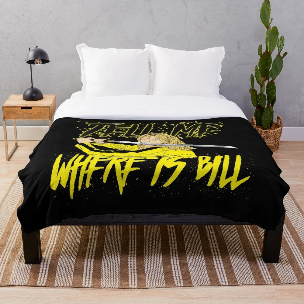 Kill Bill-themed plush blanket with samurai swords and Tarantino movie references