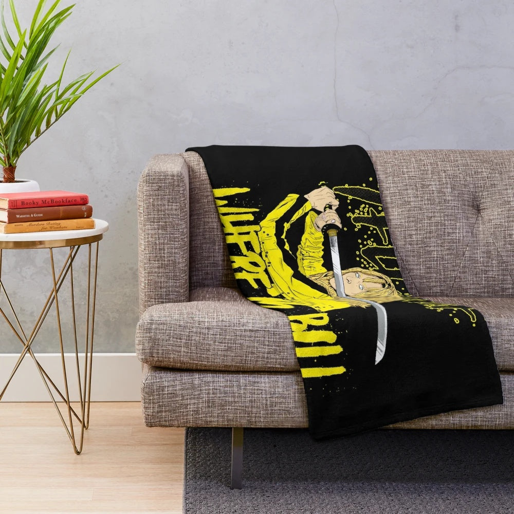 Kill Bill-themed plush blanket with samurai swords and Tarantino movie references