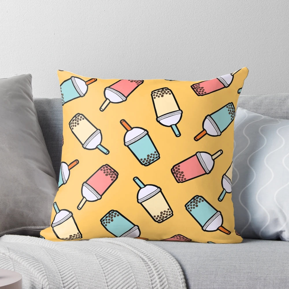 Decorative pillow featuring a colorful bubble tea pattern with taro balls and bubbles.