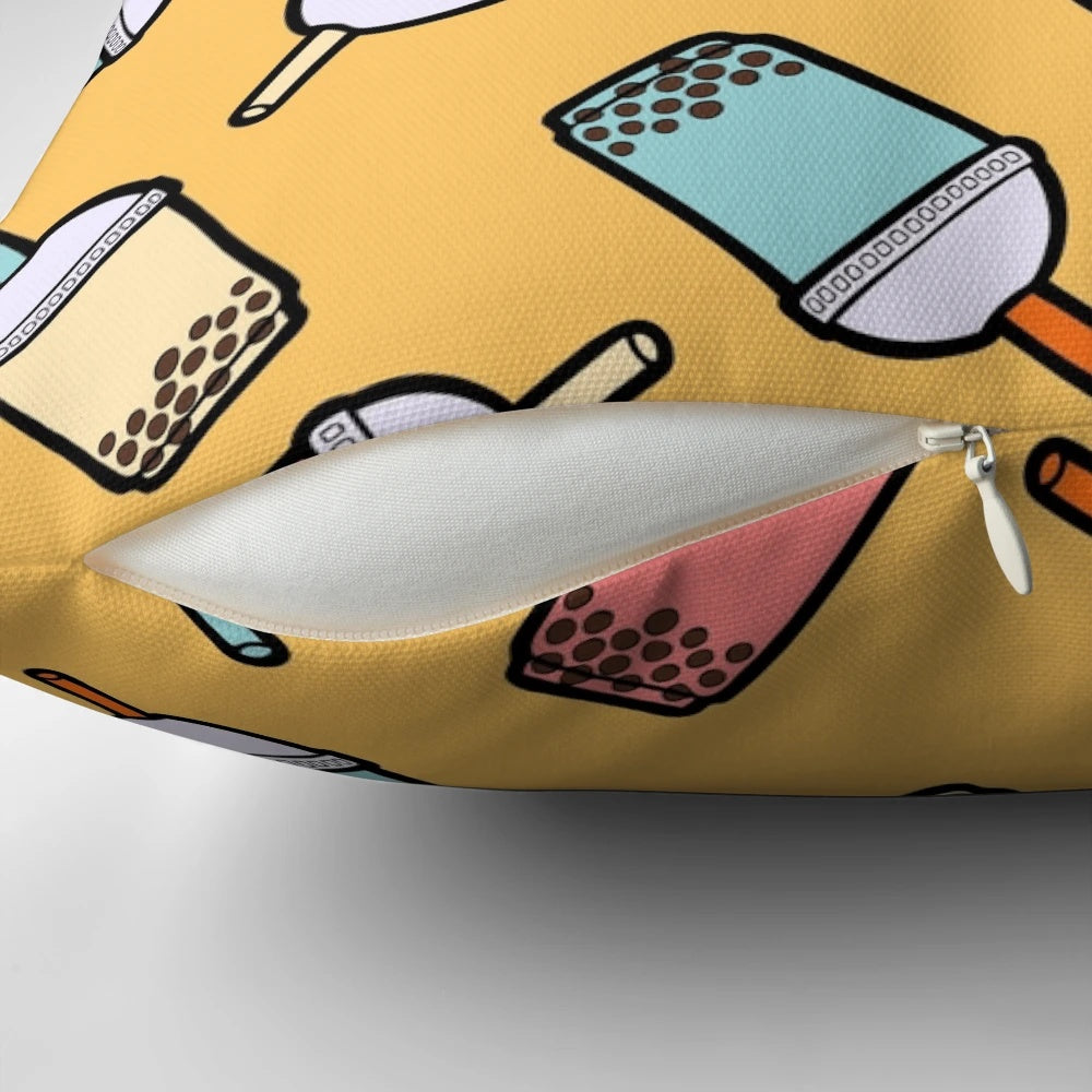 Decorative pillow featuring a colorful bubble tea pattern with taro balls and bubbles.