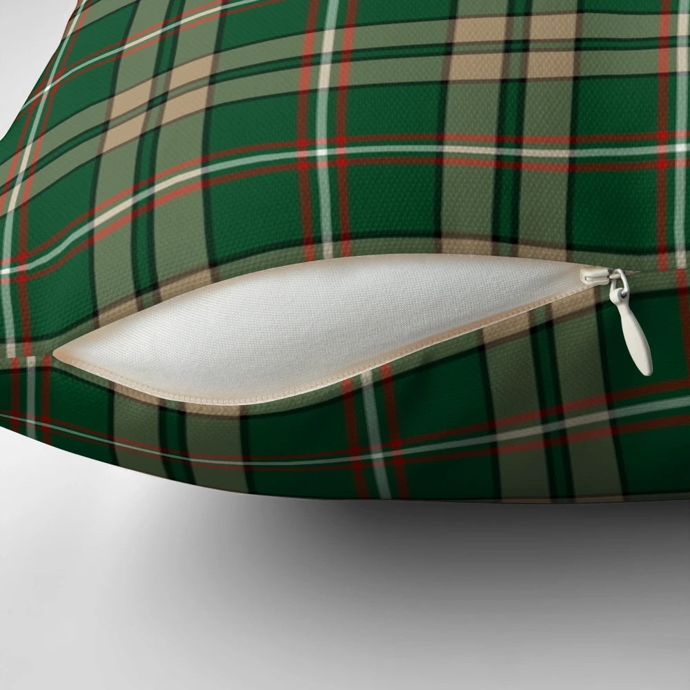 Tartan green and tan plaid pattern pillow with Celtic heritage design