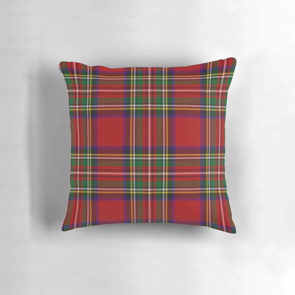 Tartan plaid patterned square throw pillow in red, blue, and green