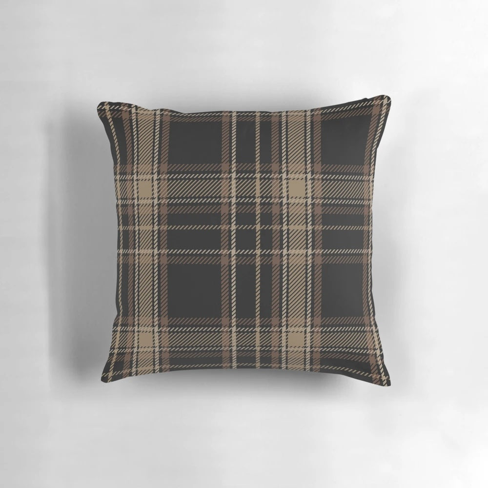 Dark Academia Tartan Plaid Pillow in Black, Beige, and Brown