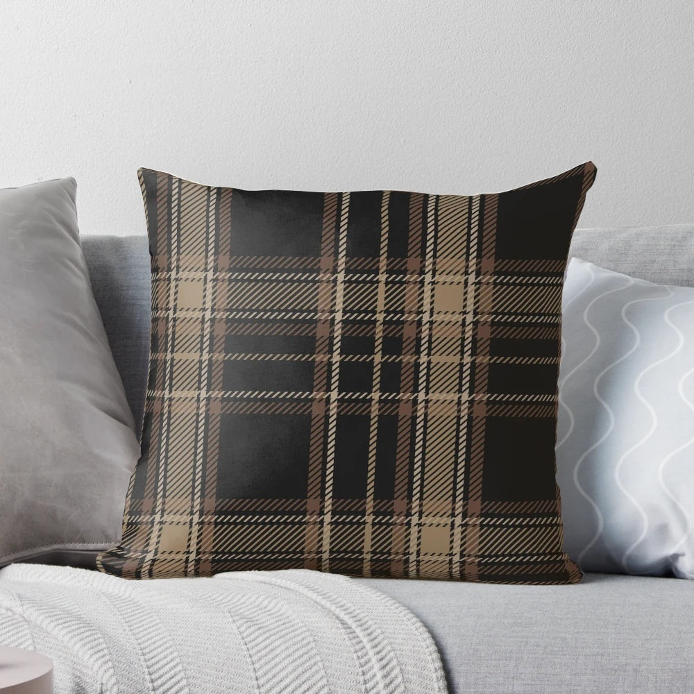 Dark Academia Tartan Plaid Pillow in Black, Beige, and Brown