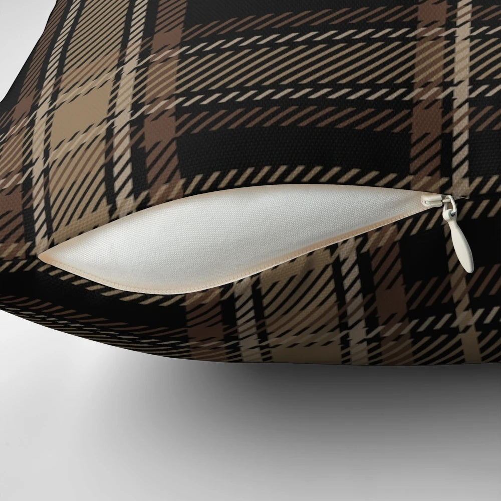 Dark Academia Tartan Plaid Pillow in Black, Beige, and Brown