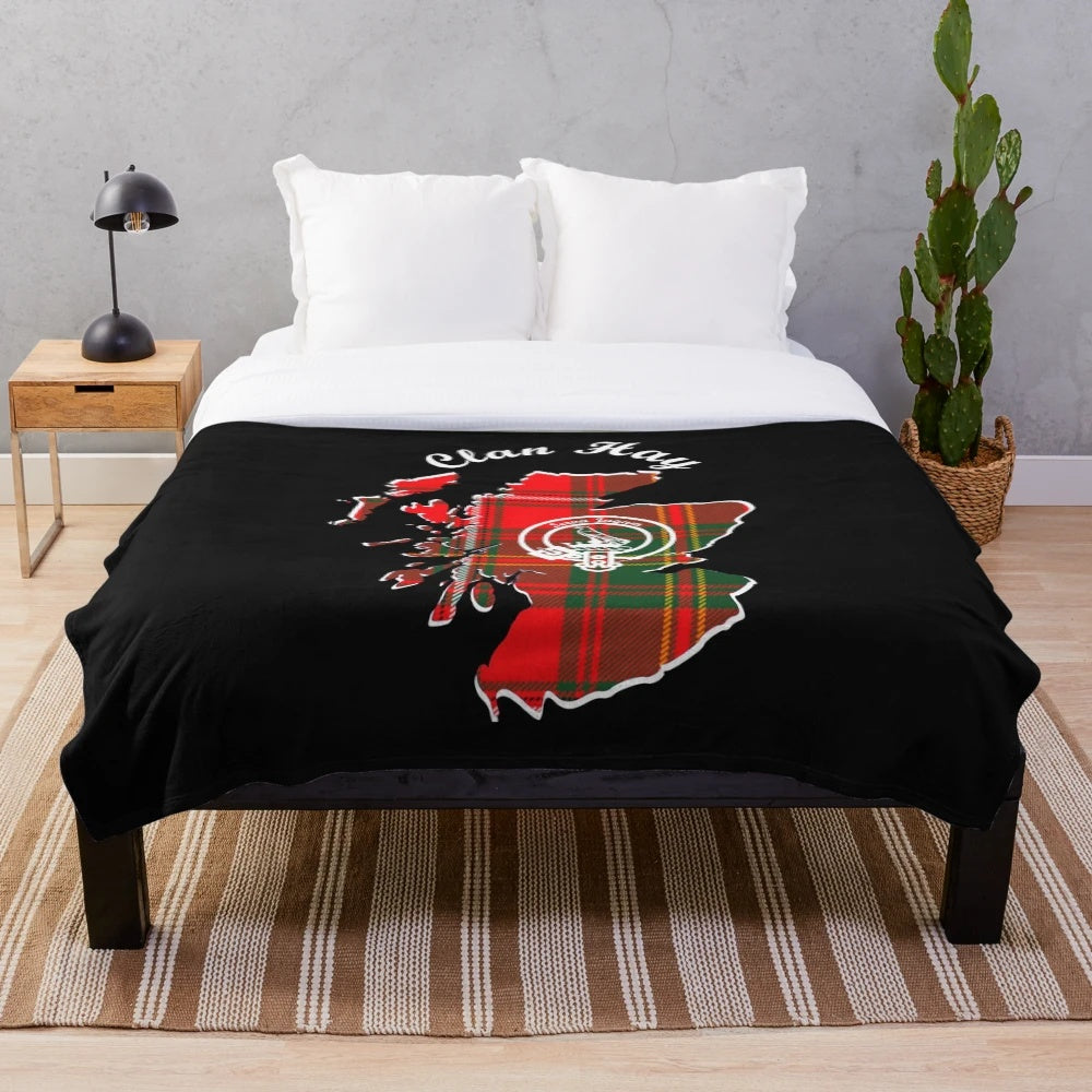 Cozy tartan plush blanket featuring the Clan Hay Scotland map crest