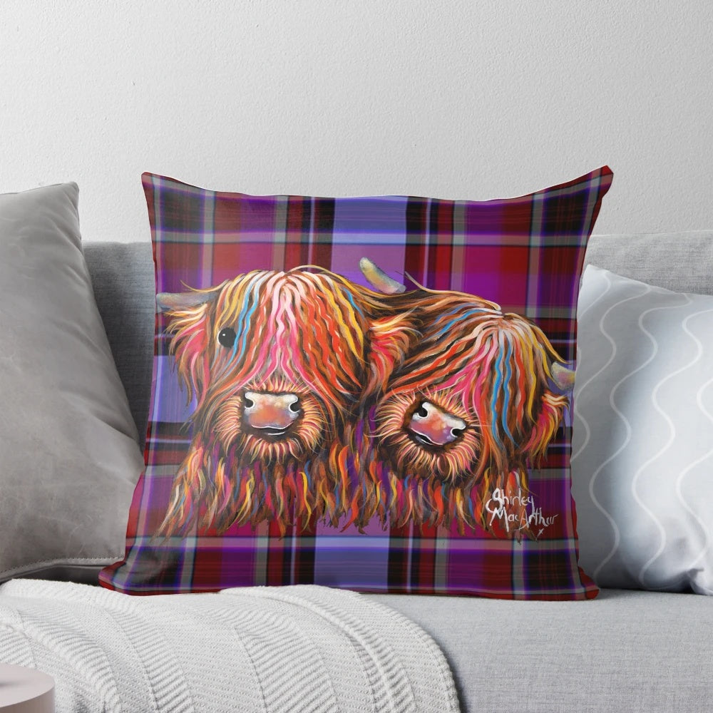 Cozy tartan print pillow featuring a charming highland cow illustration