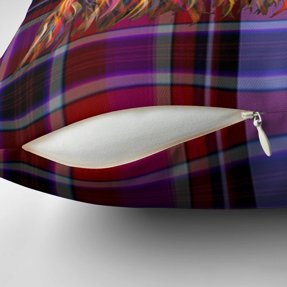 Cozy tartan print pillow featuring a charming highland cow illustration