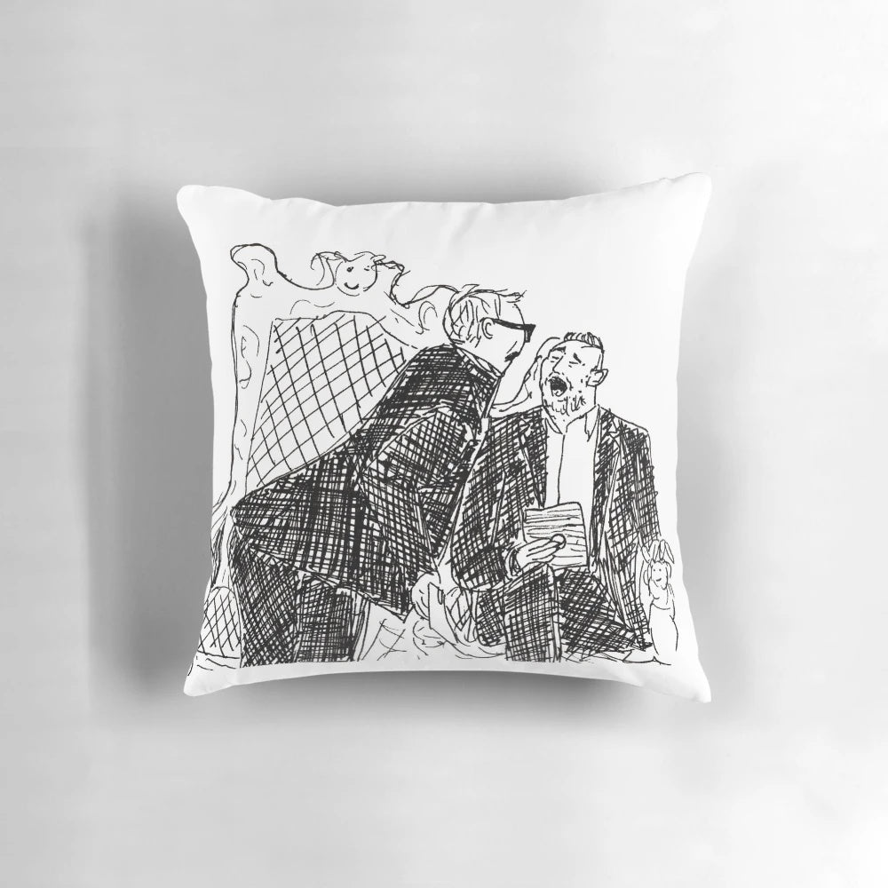 Taskmaster-inspired pillow featuring a poorly drawn illustration of Alex Horne and Greg Davies