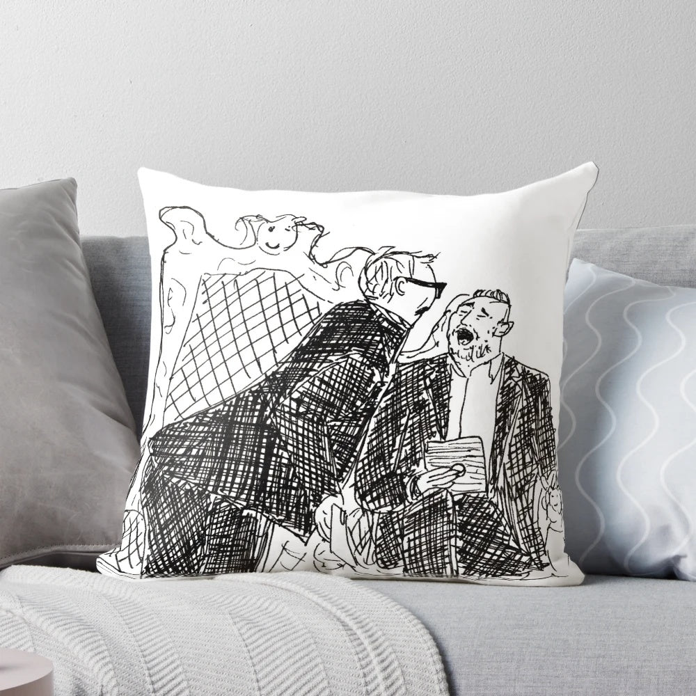 Taskmaster-inspired pillow featuring a poorly drawn illustration of Alex Horne and Greg Davies