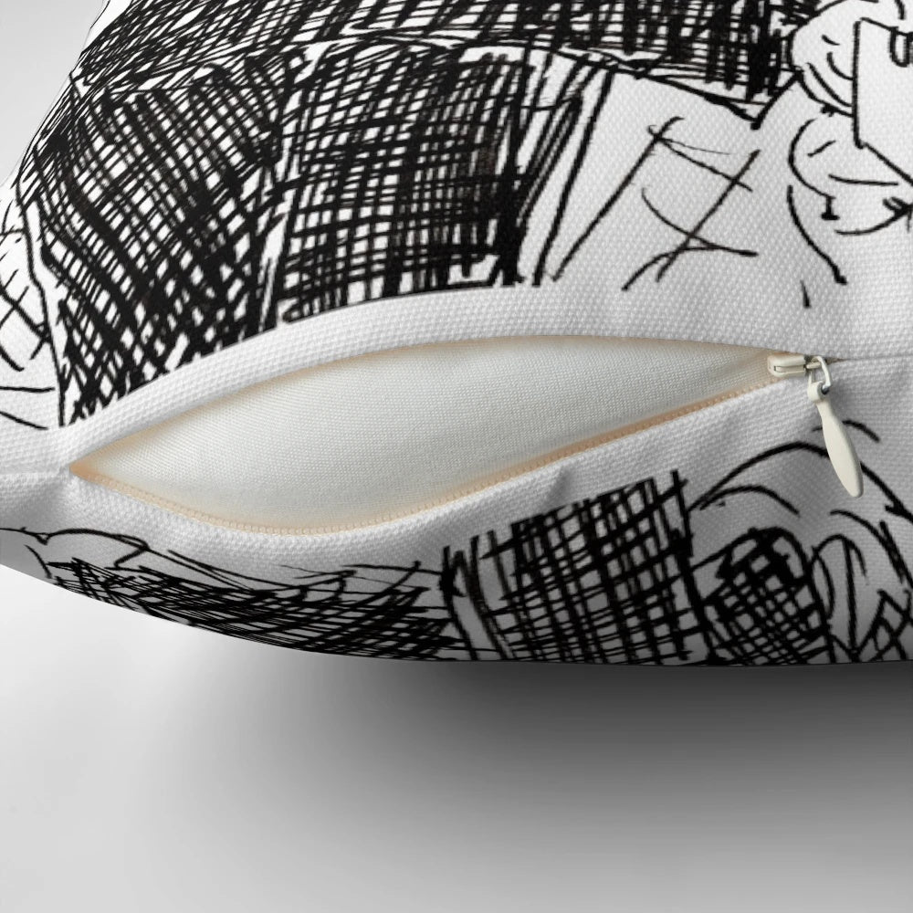 Taskmaster-inspired pillow featuring a poorly drawn illustration of Alex Horne and Greg Davies