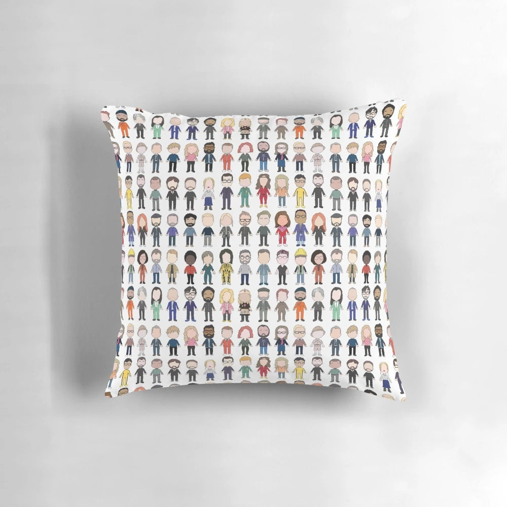 Vibrant throw pillow featuring the cast of the popular TV show Taskmaster