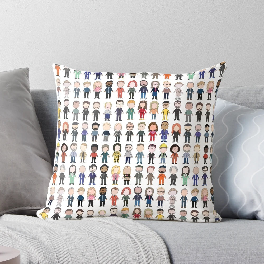 Vibrant throw pillow featuring the cast of the popular TV show Taskmaster