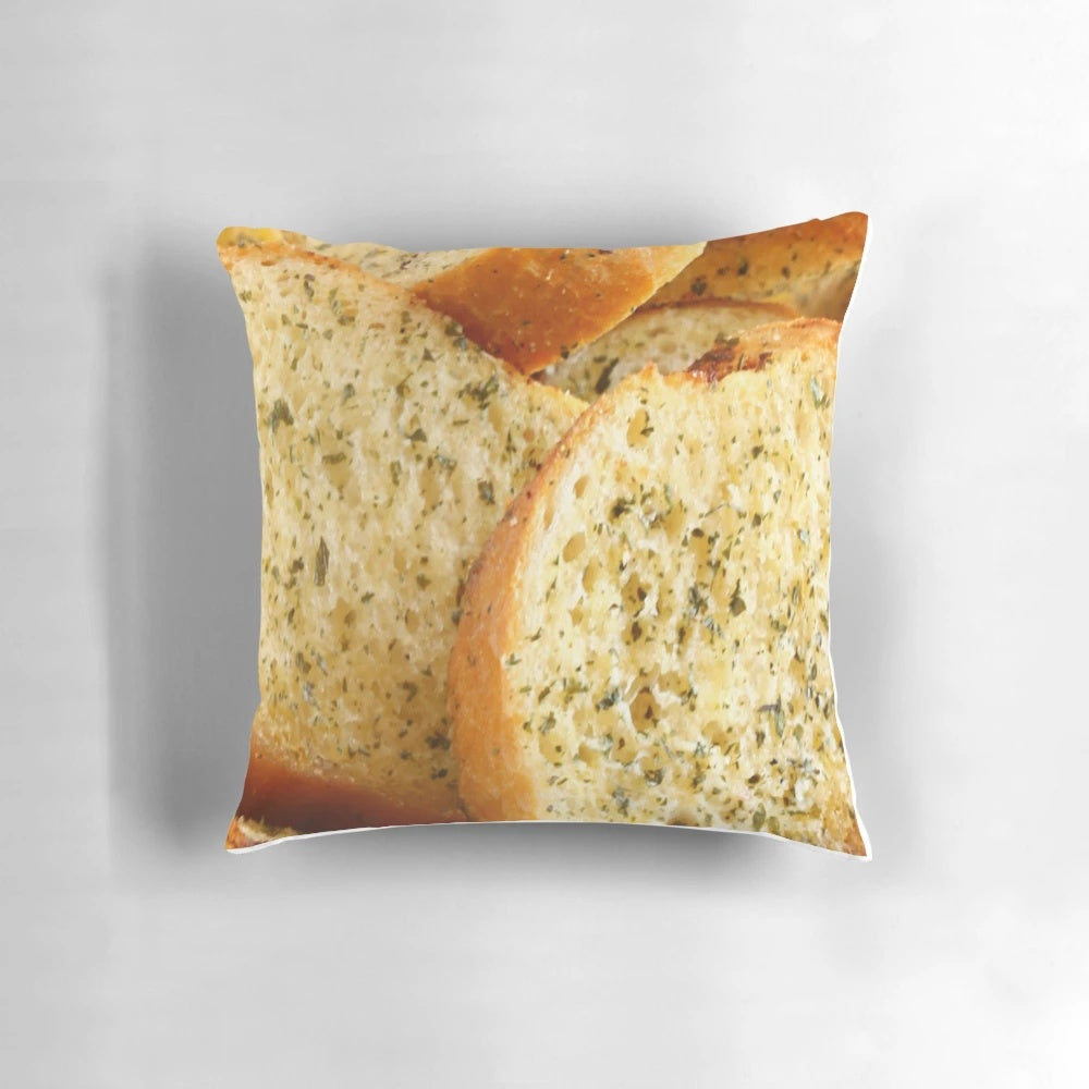 Soft, plush pillow featuring a delicious garlic bread design for anarchist-themed Italian home décor.