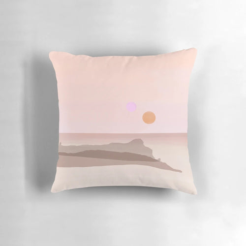 "Tatooine Binary Sunset Pillow featuring a stunning desert landscape and two suns setting on the horizon, inspired by the iconic scene from Star Wars: A New Hope"