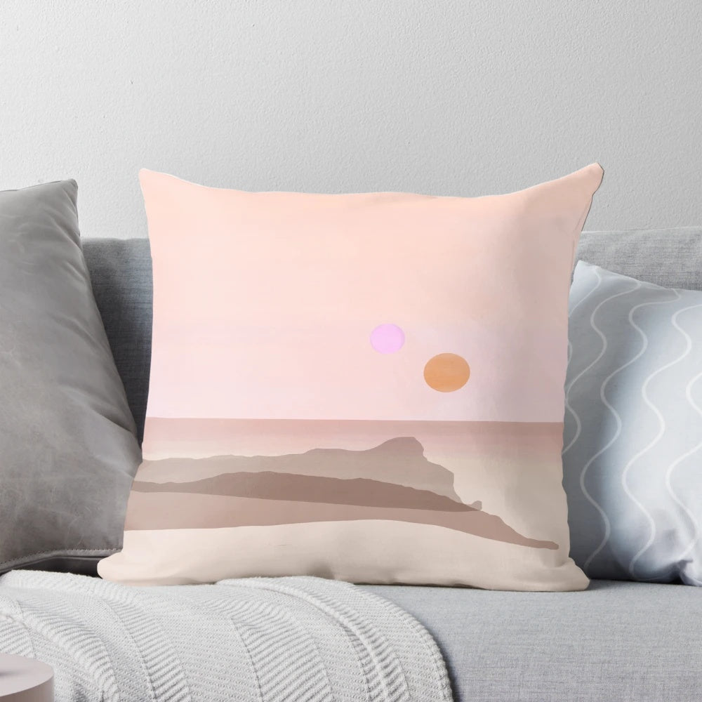 "Tatooine Binary Sunset Pillow featuring a stunning desert landscape and two suns setting on the horizon, inspired by the iconic scene from Star Wars: A New Hope"