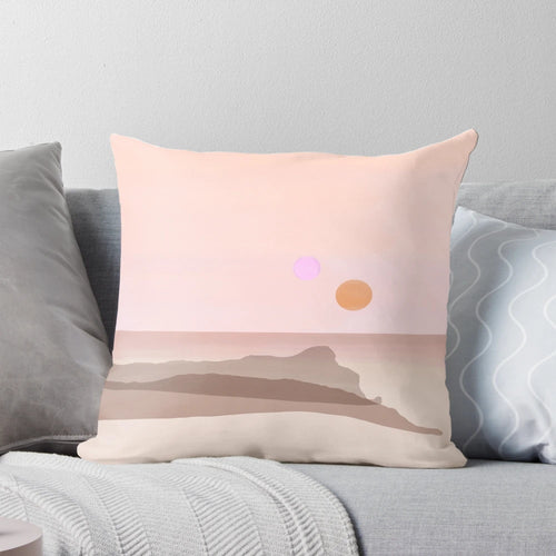 "Tatooine Binary Sunset Pillow featuring a stunning desert landscape and two suns setting on the horizon, inspired by the iconic scene from Star Wars: A New Hope"