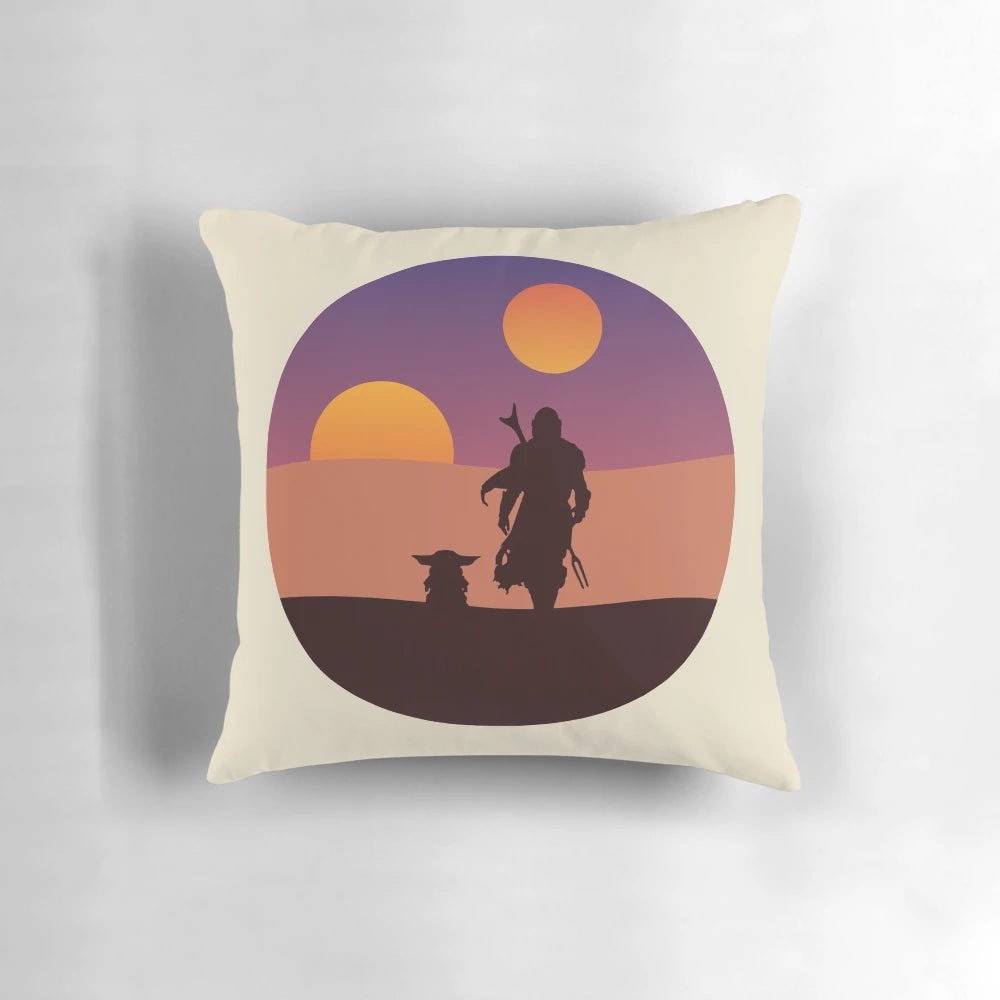 Tatooine-inspired desert silhouette design on a soft, comfortable pillow