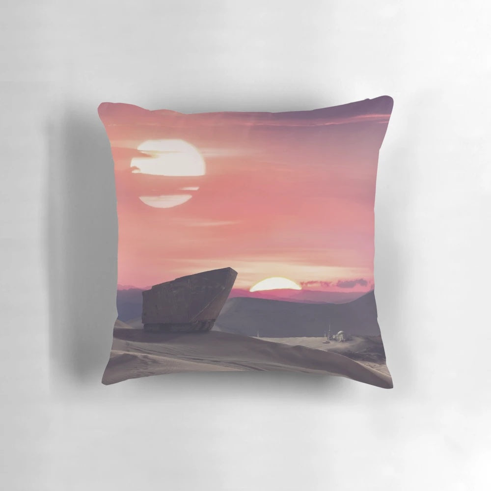 A modern, sci-fi inspired desert planet pillow featuring Tatooine and Jedi elements from Star Wars.