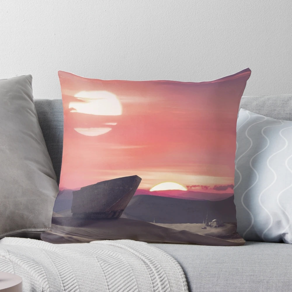 A modern, sci-fi inspired desert planet pillow featuring Tatooine and Jedi elements from Star Wars.