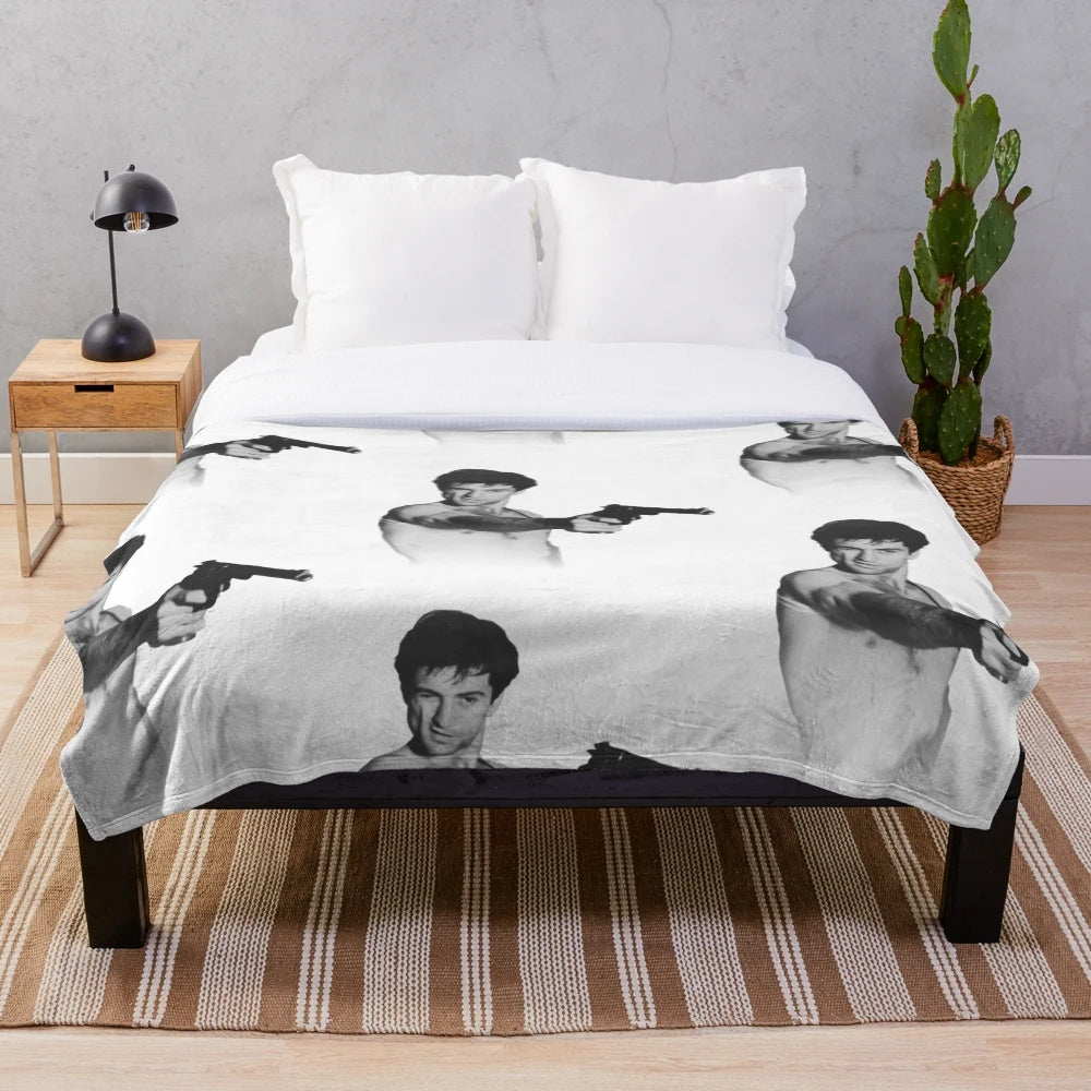 Taxi Driver inspired plush blanket with Robert De Niro and Martin Scorsese movie graphics