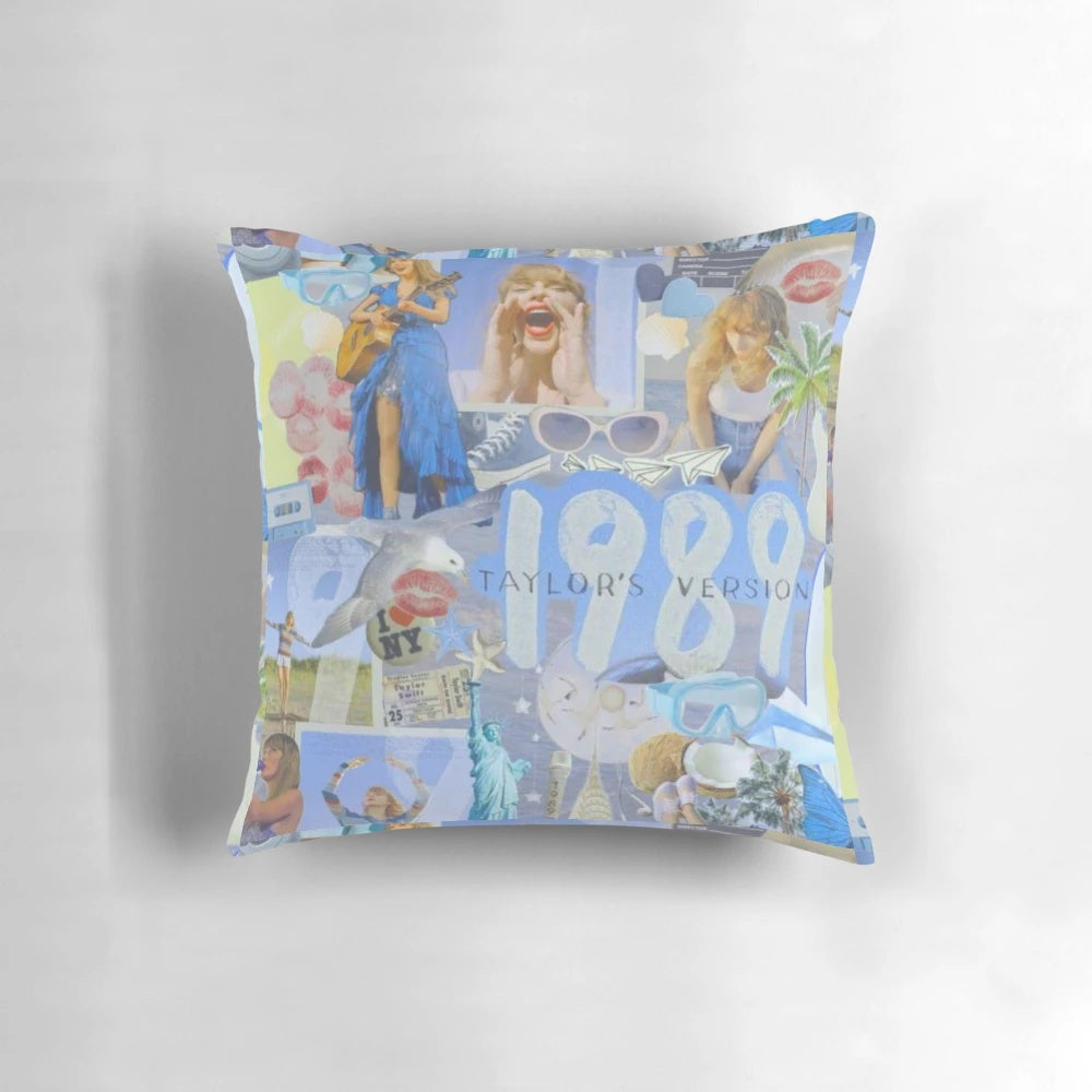 Taylor Swift Eras Tour Pillow featuring a collage design of the singer's albums and tours