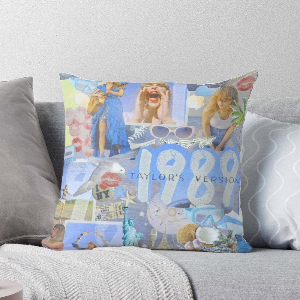 Taylor Swift Eras Tour Pillow featuring a collage design of the singer's albums and tours