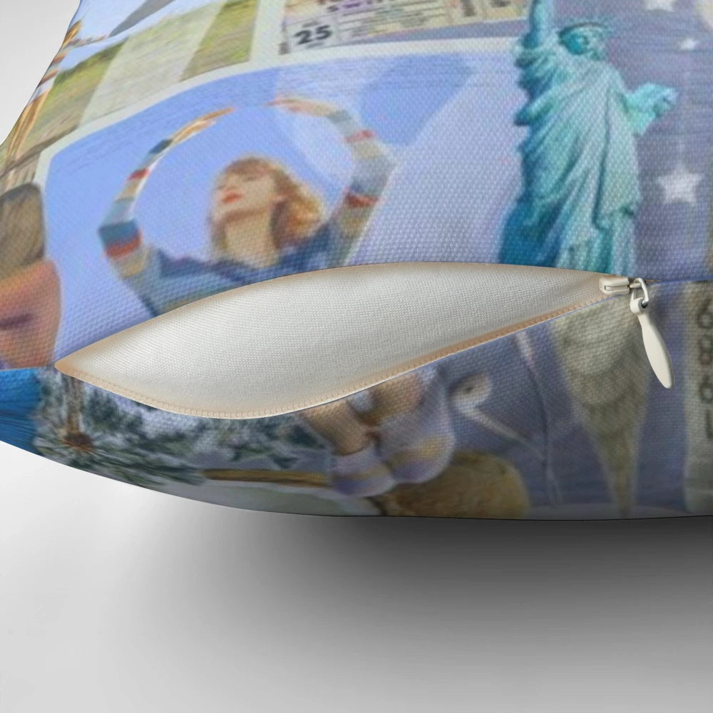 Taylor Swift Eras Tour Pillow featuring a collage design of the singer's albums and tours