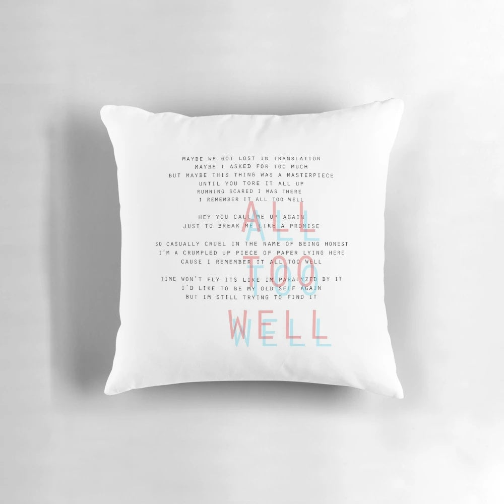 Taylor Swift inspired All Too Well song lyrics printed on a plush pillow
