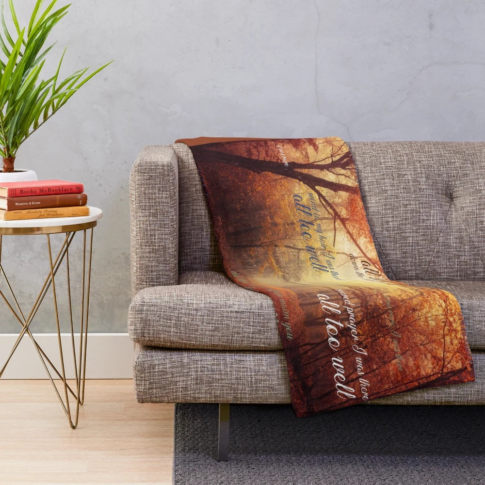 Taylor Swift-inspired plush blanket featuring the "All Too Well" lyrics and autumn-themed design