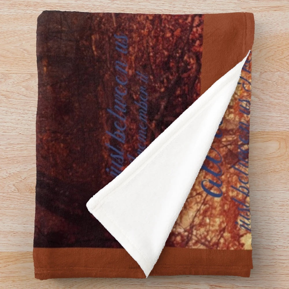 Taylor Swift-inspired plush blanket featuring the "All Too Well" lyrics and autumn-themed design