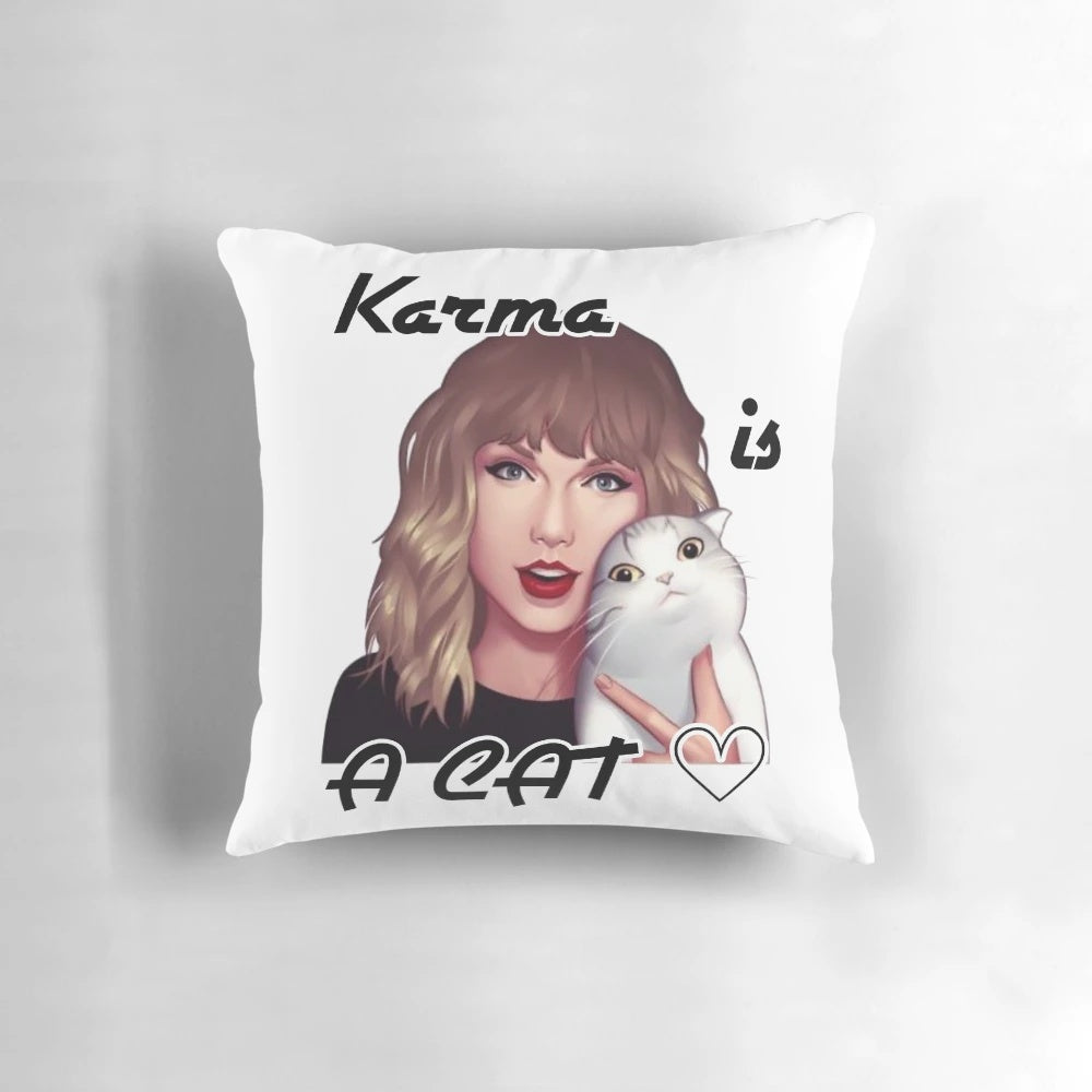 Cozy pillow featuring a cat design and the "Karma is a Cat" lyrics from Taylor Swift's Midnights 3AM Edition album