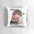 Cozy pillow featuring a cat design and the "Karma is a Cat" lyrics from Taylor Swift's Midnights 3AM Edition album