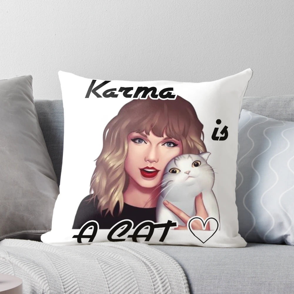 Cozy pillow featuring a cat design and the "Karma is a Cat" lyrics from Taylor Swift's Midnights 3AM Edition album
