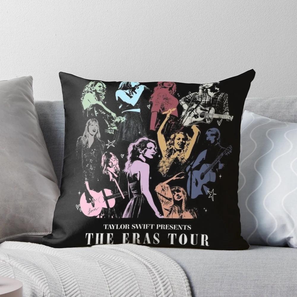 A soft, cozy pillow featuring Taylor Swift's 'The Eras Tour' logo and imagery.
