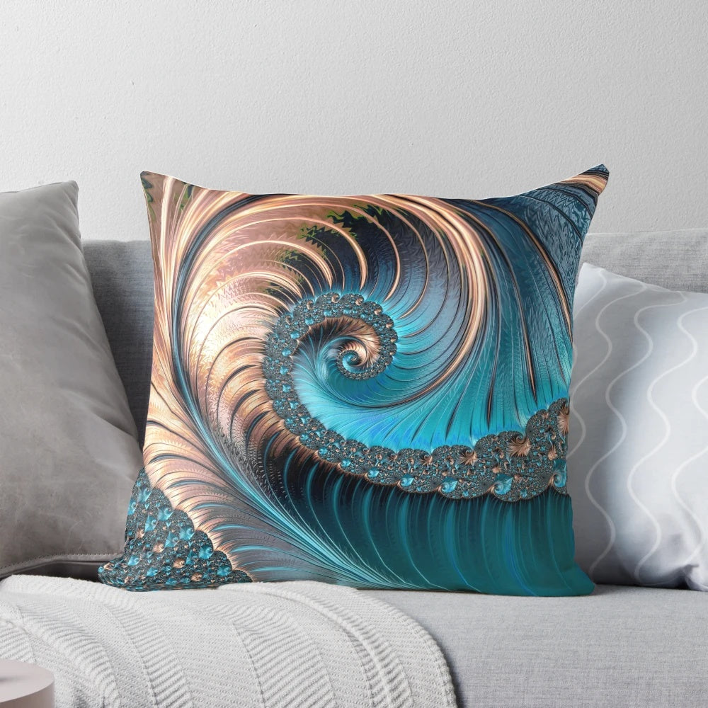 Teal and copper fractal geometric decorative pillow