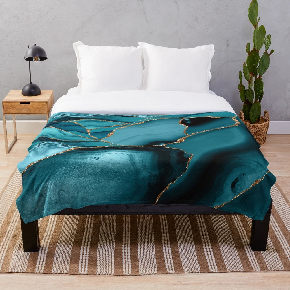 Teal and gold faux marble landscape waves plush blanket